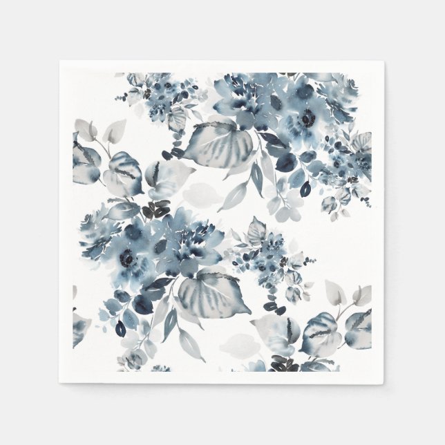 Watercolor Grey and Blue Floral Pattern Napkin (Front)