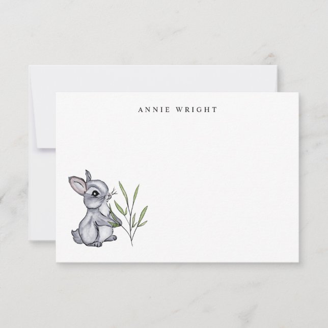 Watercolor Grey Baby Bunny Personalised Stationery Card (Front)