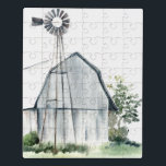 Watercolor Grey Barn Jigsaw Puzzle<br><div class="desc">Watercolor Barn I by Jennifer Paxton Parker. Grey-white coloured barn with greenery and a small windmill.</div>