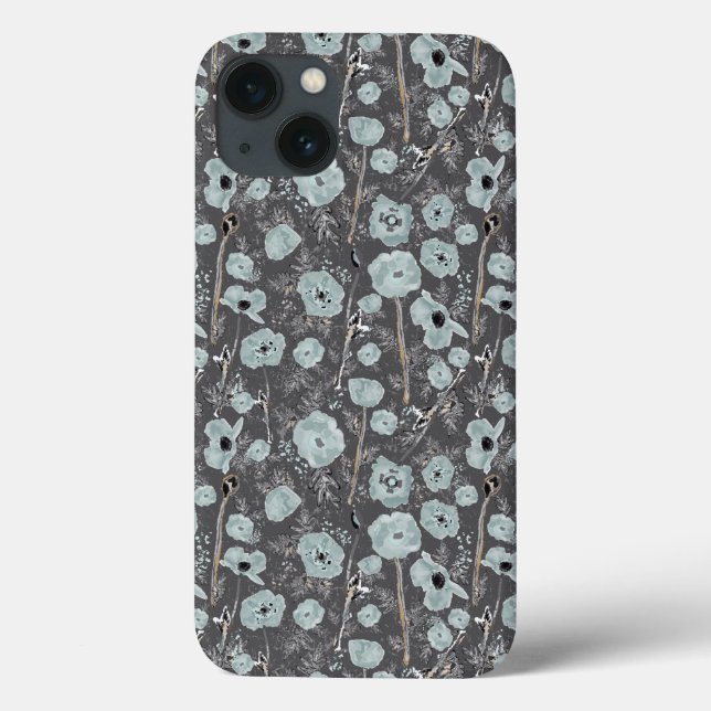 Watercolor Grey Blue Poppy Flowers Case-Mate iPhone Case (Back)