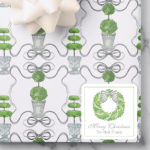 Watercolor Grey Bow Wreath and Green Topiary Square Sticker