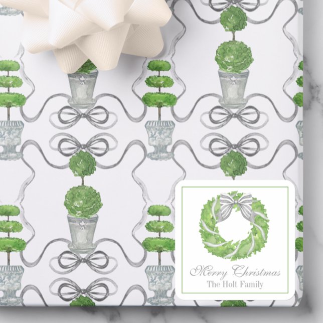 Watercolor Grey Bow Wreath and Green Topiary Square Sticker (Creator Uploaded)