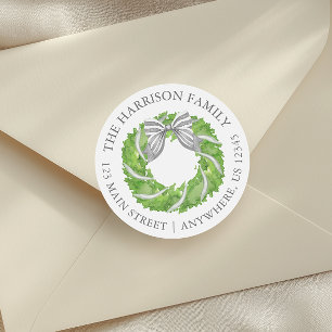 Watercolor Grey Bow Wreath Return Address Classic Round Sticker