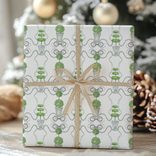 Watercolor Grey Bows and Green Topiary Wrapping Paper