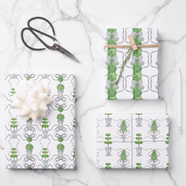 Watercolor Grey Bows and Green Topiary Wrapping Paper Sheet (Front)