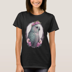 Watercolor Grey Budgie Parakeet Bird Flower Crown T-Shirt