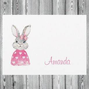 Watercolor Grey Bunny Pink Bow Personalised Preppy Card