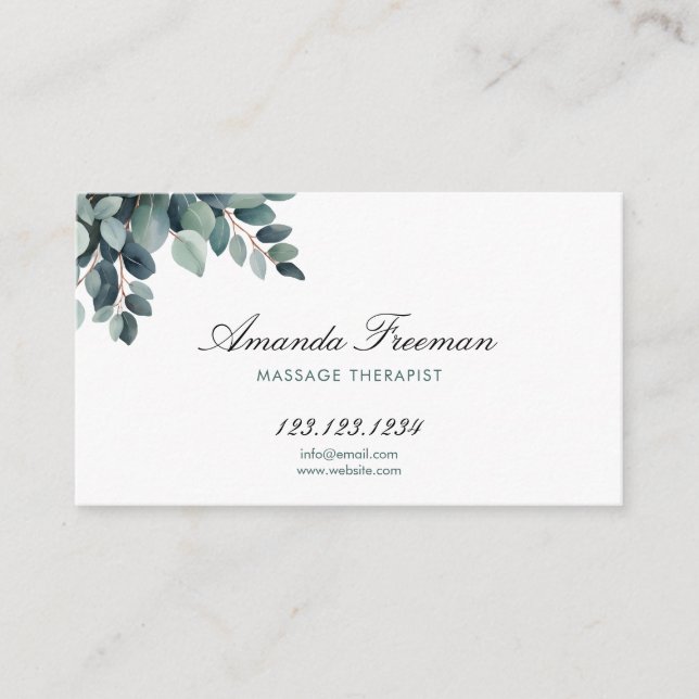Watercolor Grey Eucalyptus Massage Therapist Business Card (Front)