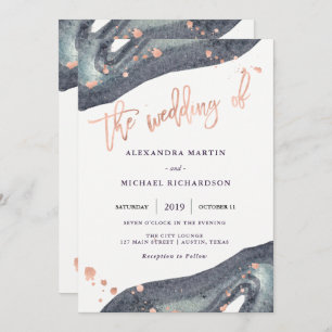 Watercolor Grey Geode and Faux Rose Gold   Wedding Invitation