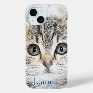 Watercolor Grey Kitten on Blue iPhone 15 Case
