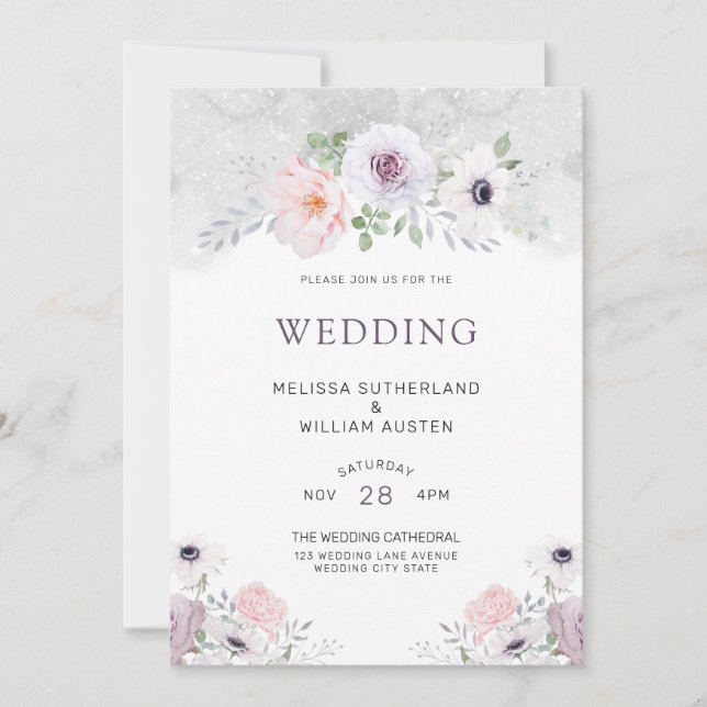 Watercolor Grey Lilac Blush Floral Wedding Invitation (Front)