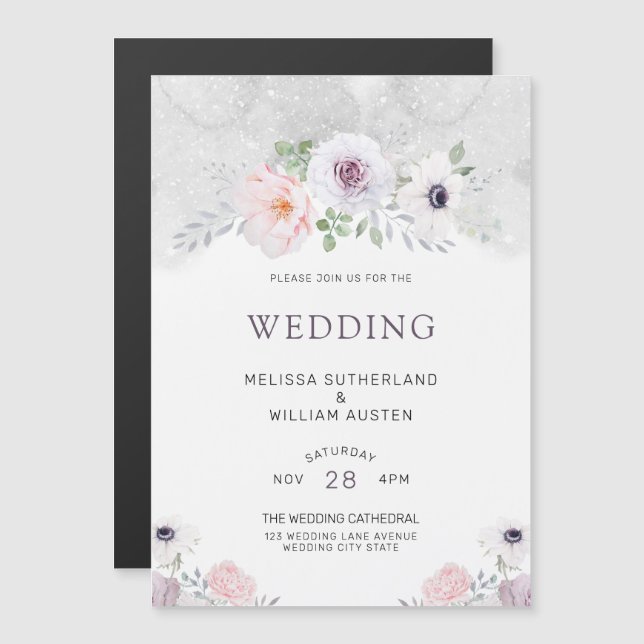 Watercolor Grey Lilac Blush Floral Wedding Magnetic Invitation (Front/Back)