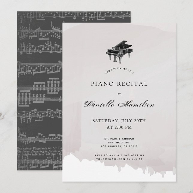 Watercolor Grey Piano Recital  Invitation (Front/Back)