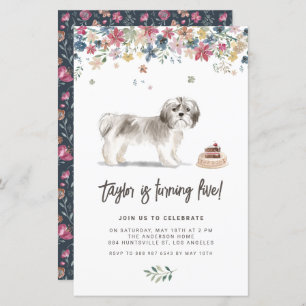 Watercolor Grey Shih Tzu Dog Birthday Invitation