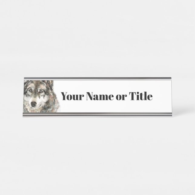 Watercolor Grey Wolf Animal Love Wolves Art Desk Name Plate (Front)