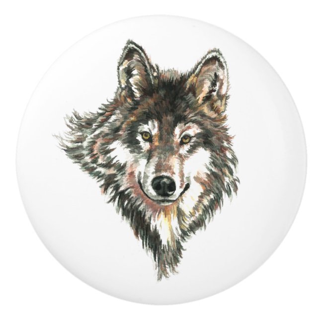 Watercolor Grey Wolf Animal Nature Art pattern Ceramic Knob (Front)