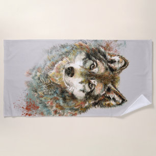 Watercolor Grey Wolf Animal Wildlife Nature  Art  Beach Towel