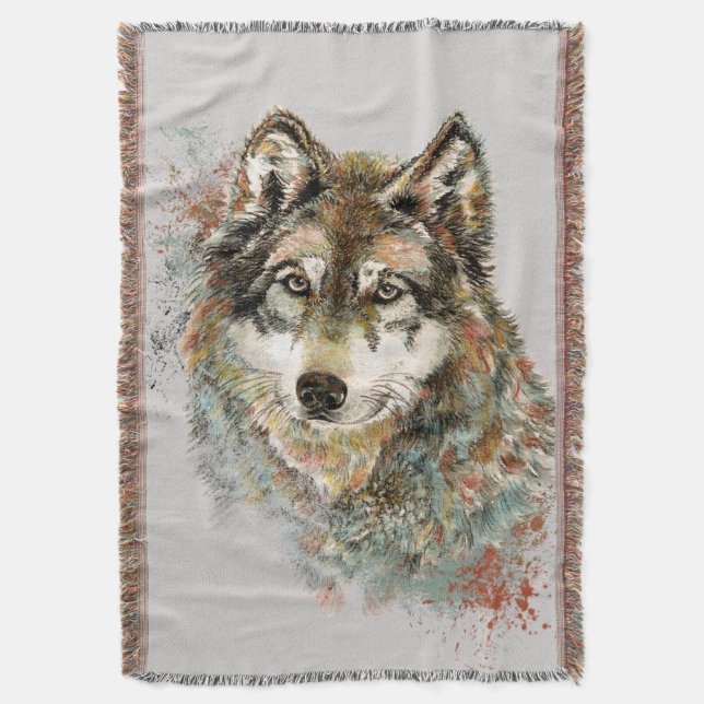 Watercolor Grey Wolf Animal Wildlife Nature  Art  Throw Blanket (Front Vertical)