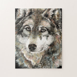 Watercolor Grey Wolf Head Animal Logo Jigsaw Puzzle
