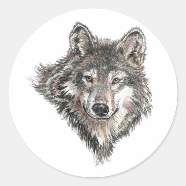 Watercolor  Grey Wolf Logo  Animal Nature wolves Classic Round Sticker (Front)