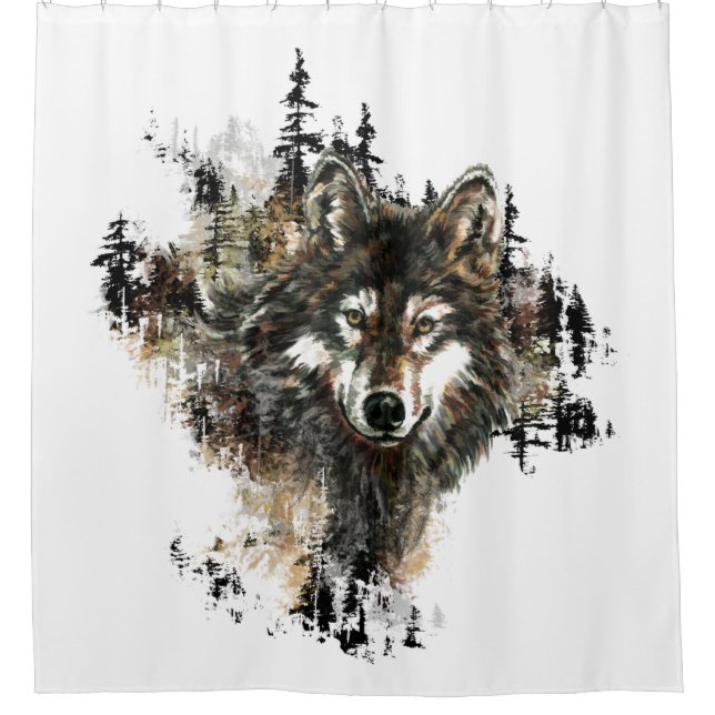 Watercolor Grey Wolf Mountain Animal Art Shower Curtain (Front)