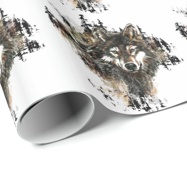 Watercolor Grey Wolf Mountain Wildlife Art Wrapping Paper (Roll Corner)