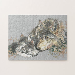 Watercolor Grey Wolf Mum or Dad & Cub Jigsaw Puzzle