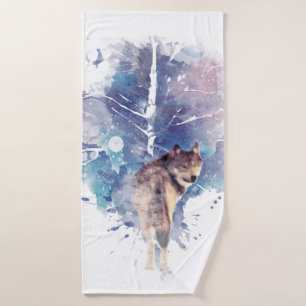 Watercolor Grey Wolf Wildlife Animal Nature Art Bath Towel Set
