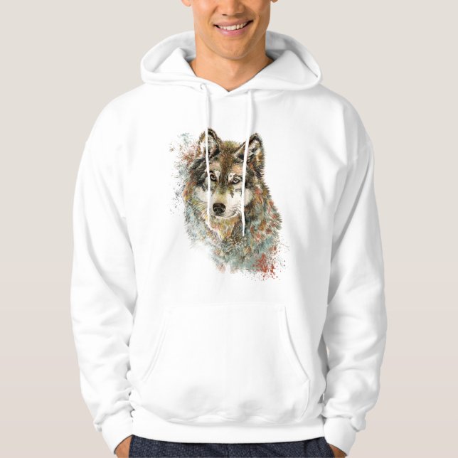 Watercolor Grey Wolf Wildlife Animal Nature Art Hoodie (Front)