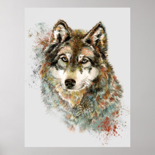 Watercolor Grey Wolf Wildlife Animal Nature Art Poster