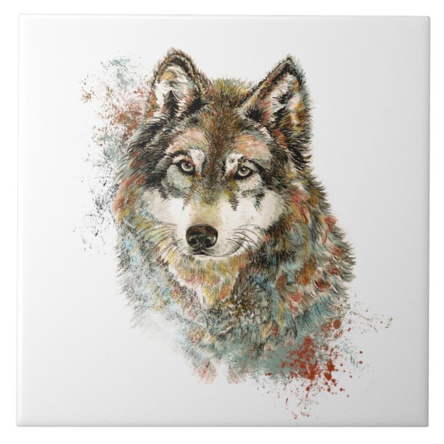 Watercolor Grey Wolf Wildlife Animal Nature Art Tile (Front)