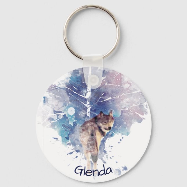 Watercolor Grey Wolf Wildlife Animal Nature Custom Key Ring (Front)