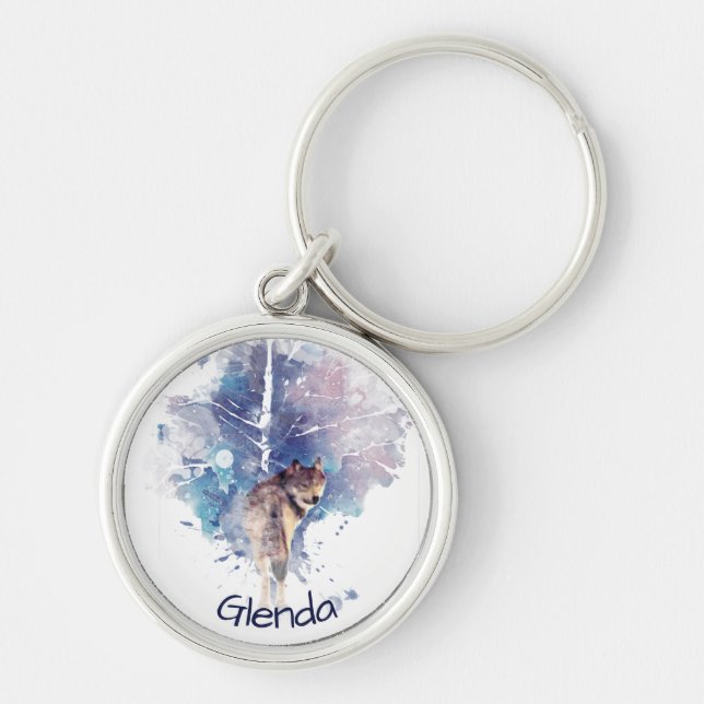 Watercolor Grey Wolf Wildlife Animal Nature Custom Key Ring (Front)