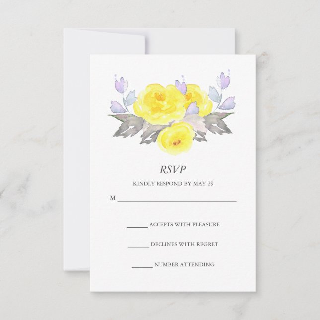 Watercolor Grey Yellow Purple Roses Vertical RSVP Card (Front)
