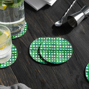 Watercolor grid – green square paper coaster