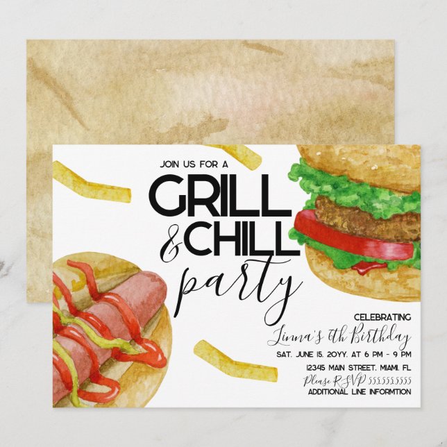 Watercolor Grilling Burger Fries Hot Dog Party  Invitation (Front/Back)
