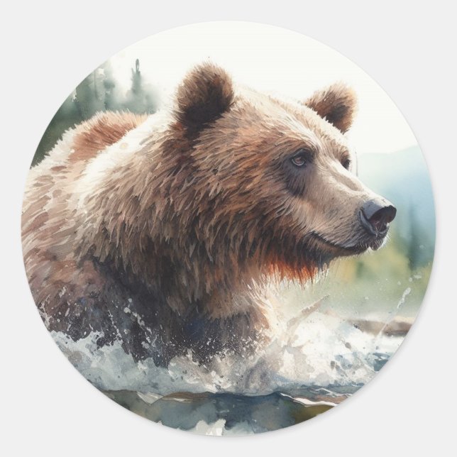 Watercolor Grizzly Bear Wildlife Nature Art Classic Round Sticker (Front)