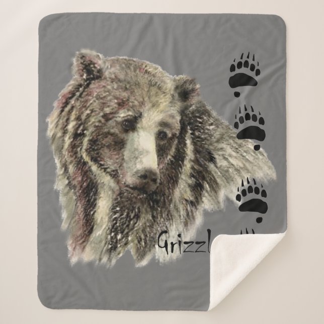 Watercolor Grizzly Bear Wildlife Nature Art Sherpa Blanket (Front)