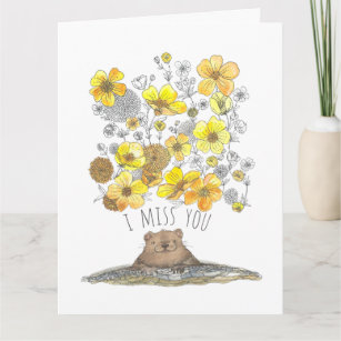 Watercolor Groundhog and Buttercups I Miss You Card