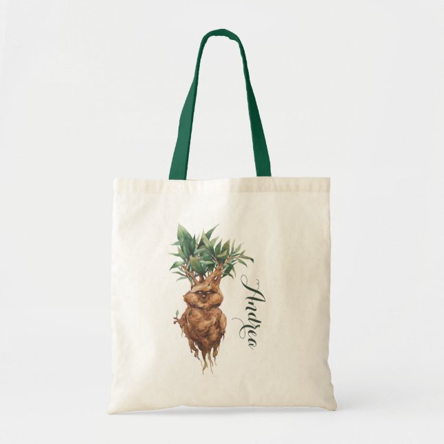 Watercolor Grumpy Mandrake Plant Custom Name Tote Bag (Front)