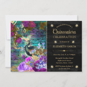 Watercolor Grunge Peacock and Flowers Quinceanera Invitation