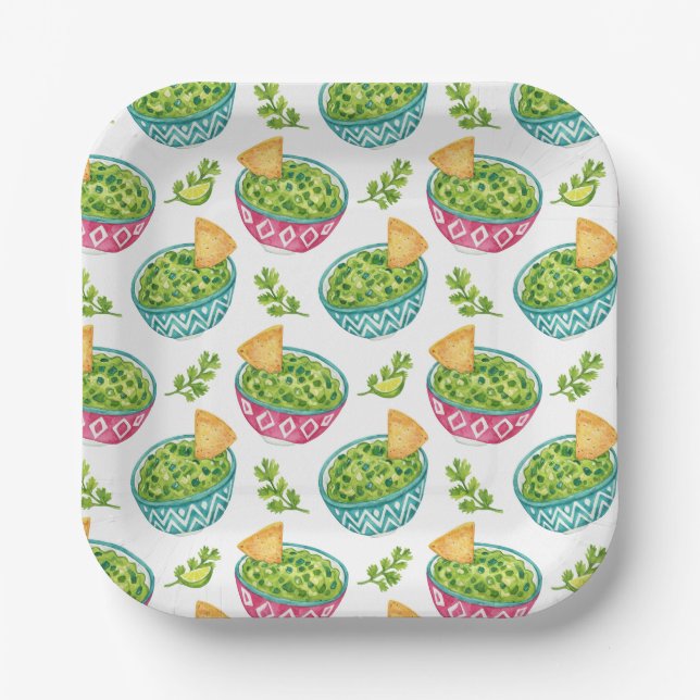 Watercolor Guacamole & Chips Fiesta Party Plate (Front)