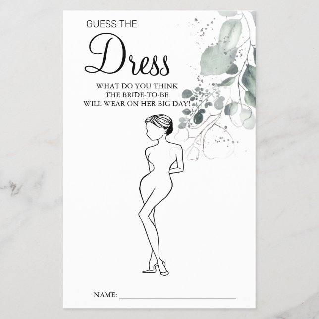 Watercolor Guess the Dress Bridal shower game card (Front)