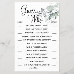 Watercolor  Guess Who Bridal shower game card