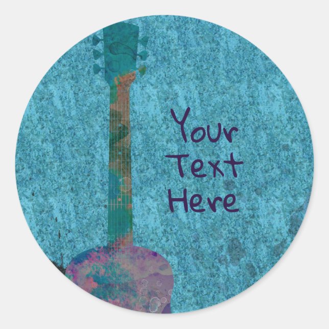 Watercolor Guitar Blue Musical Birthday Party Classic Round Sticker (Front)