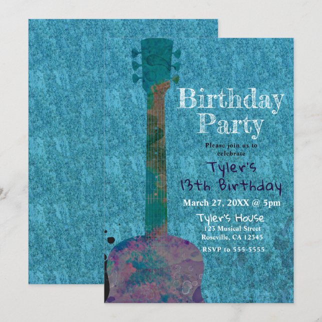 Watercolor Guitar Blue Musical Birthday Party Invitation (Front/Back)