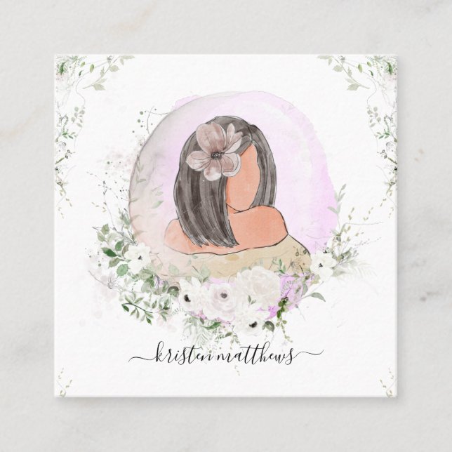 Watercolor Hair Fashion Design Illustration Square Business Card (Front)