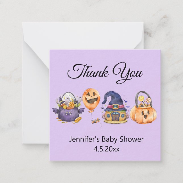  watercolor halloween baby shower thank you purple card (Front)
