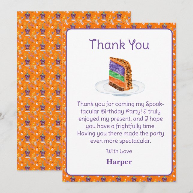 Watercolor Halloween Birthday Cake Thank You Invitation (Front/Back)