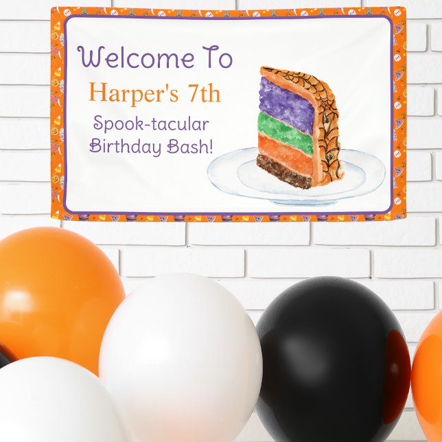 Watercolor Halloween Birthday Cake Welcome Banner (This Welcome sign makes a wonderful way to greet your guest or as a background for photos. )